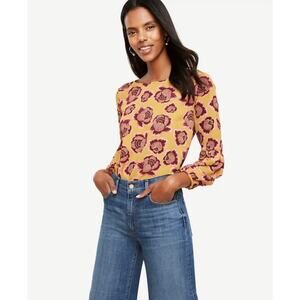 Ann Taylor Golden Chartreuse Blossom Lantern Sleeve Blouse Small Petite